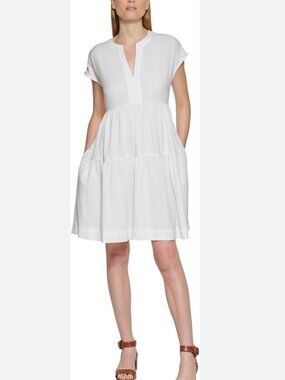 Calvin Klein White Tiered Guaze Midi Dress with V-Notch with Pockets